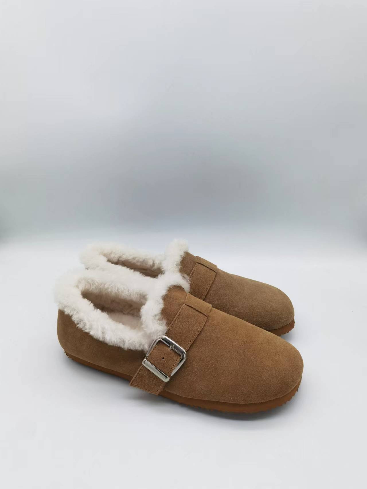 Sheepskin Mule/Fake fur Slip on Winter Bootie Water-Resistant Suede Booties One Button Fur Cuff