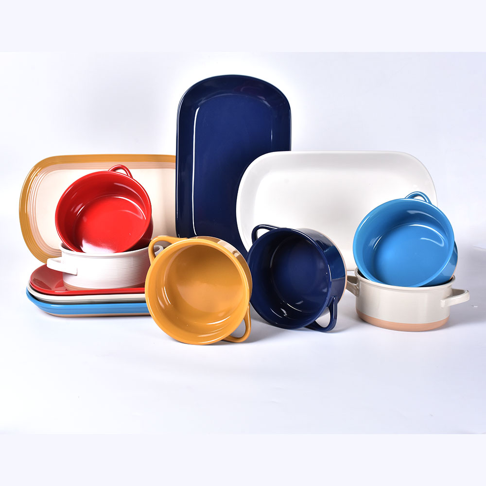 Ceramic deep double handle soup bowl with plate
