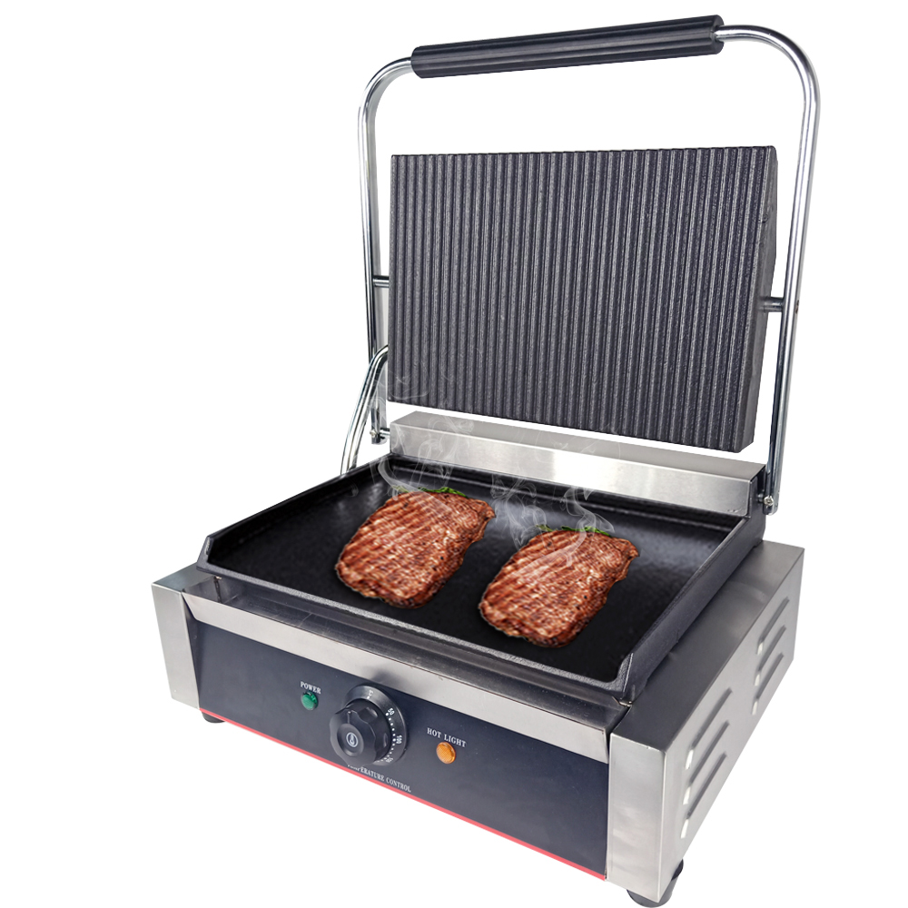 Half grooved beef sanwich hamburger mean frying electric contact panini grill machine