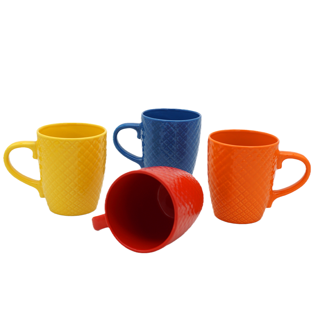 Solid color ceramic coffee mug with embossed design