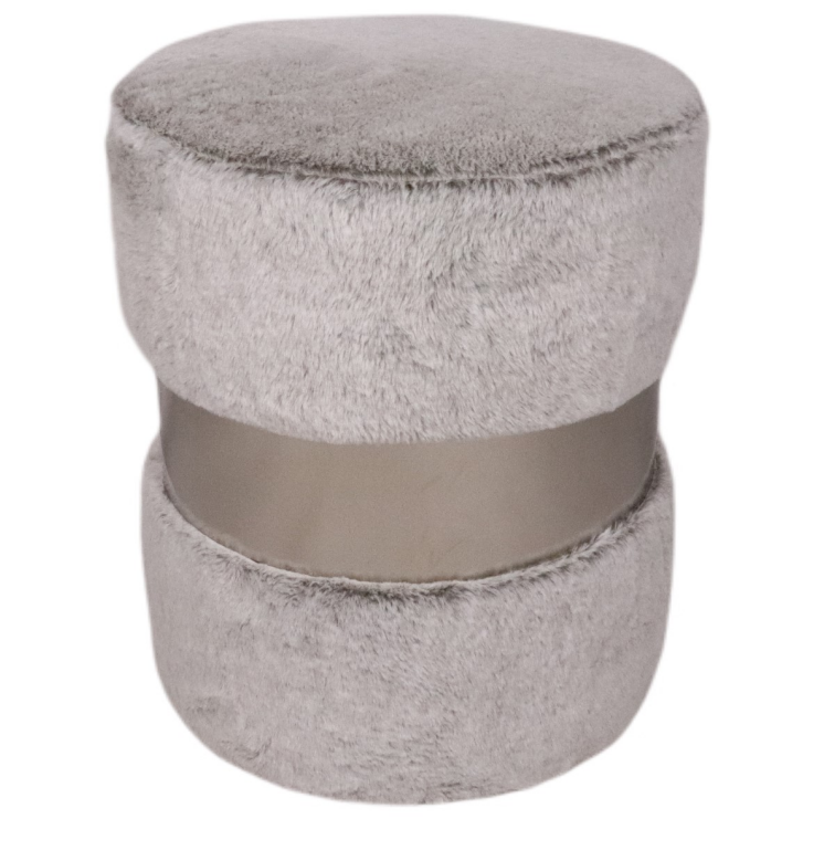 Zhengheshun Imitation rabbit hair fabric grey round stool with silver metal band decoration for bedroom