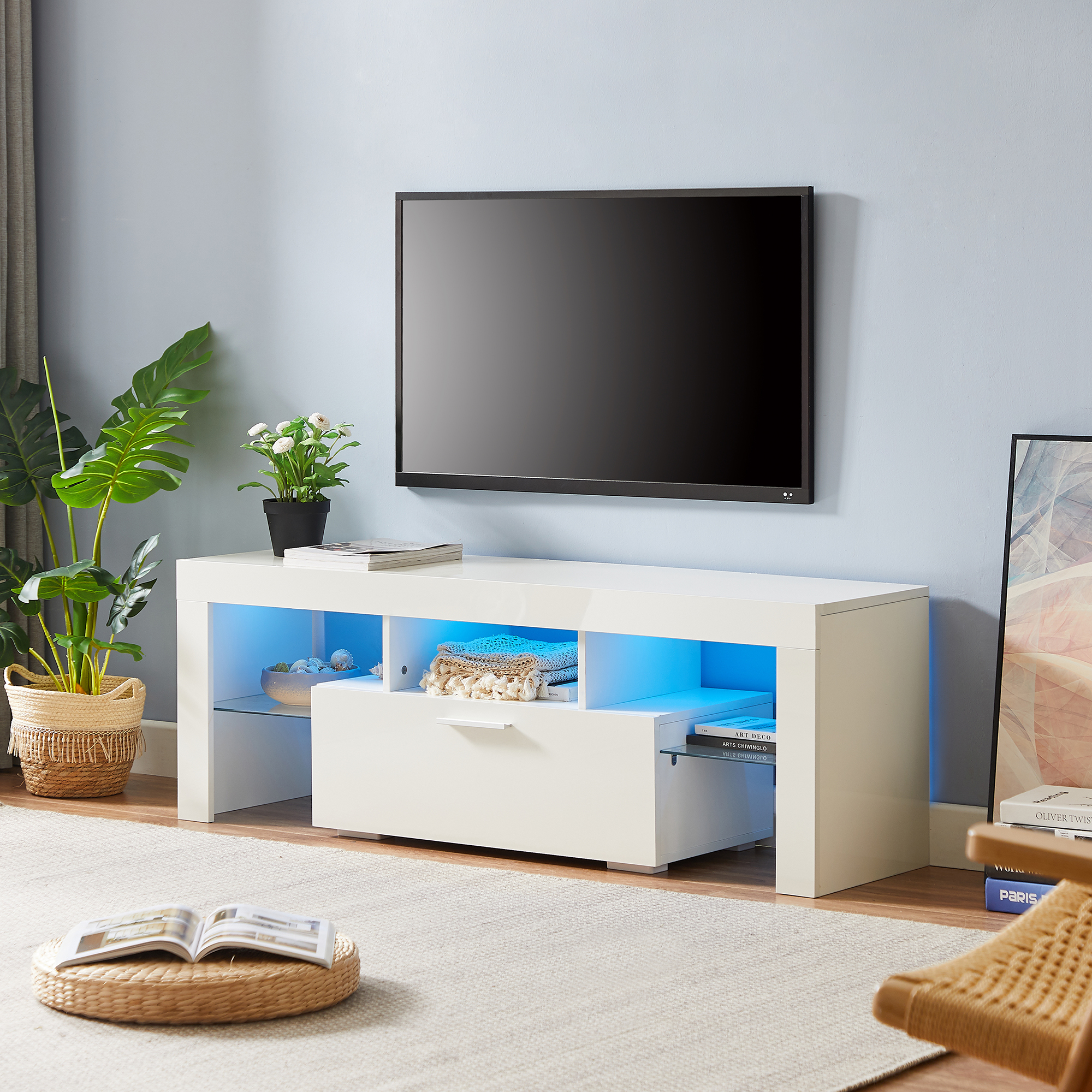 51.18‘’ LED TV Stand , White Glossy TV Cabinet