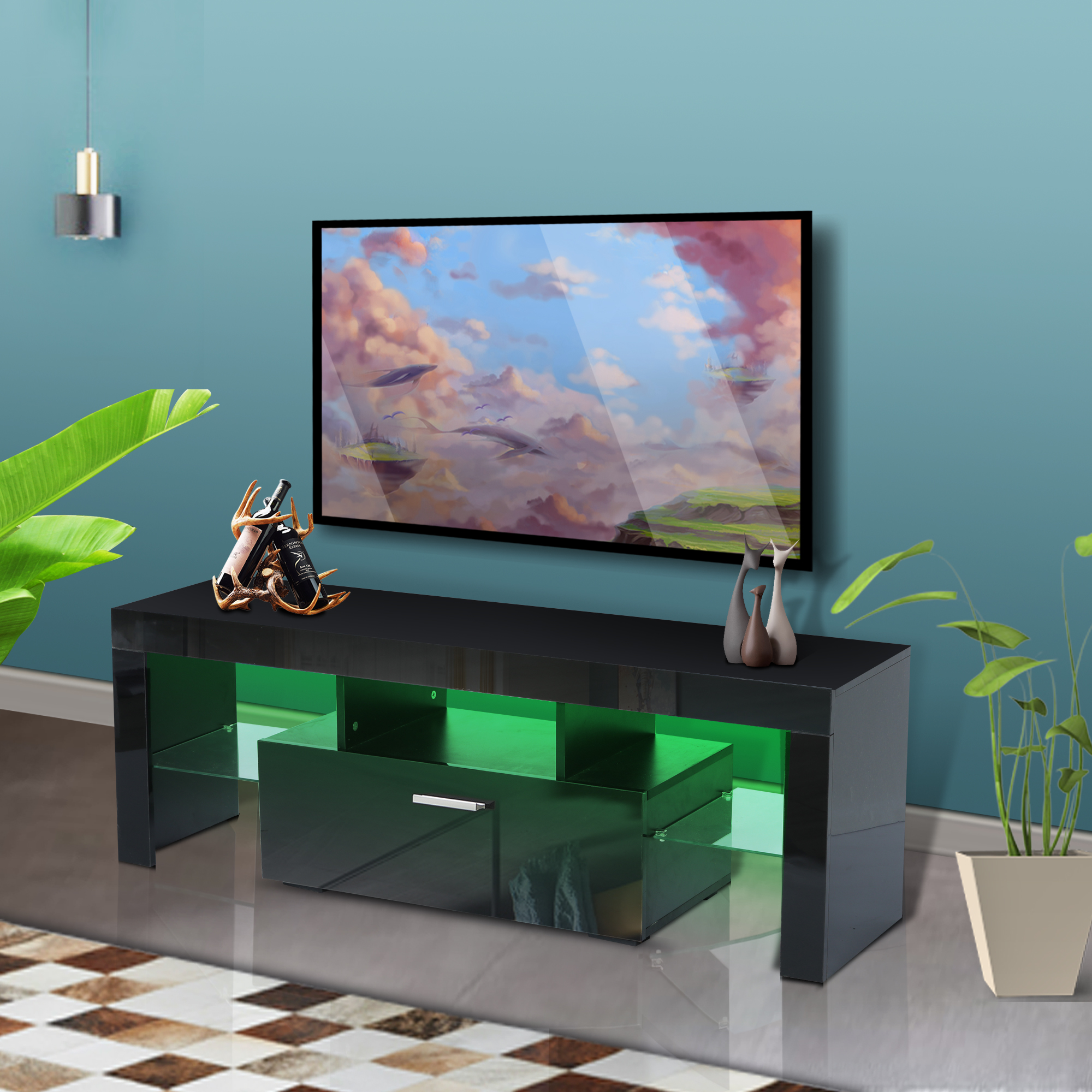 51.18''led TV Stand , Black Glossy TV Cabinet