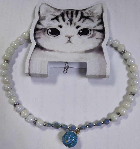 White Glass Beads Dog Collar Necklace with Blue Beads Pendant