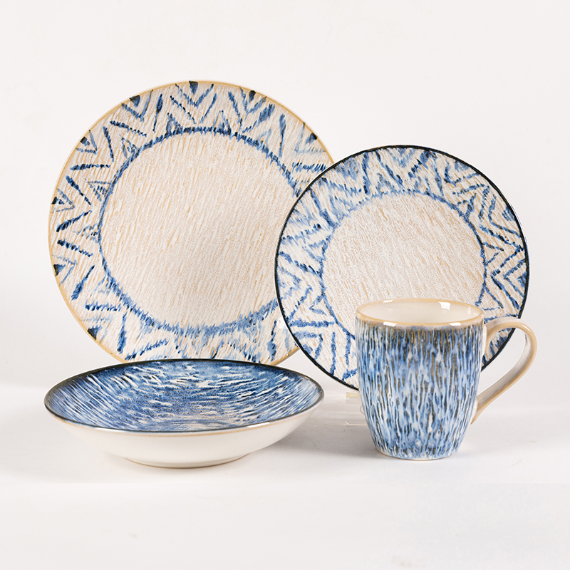 Embossed Reactive Glaze with Pad Printing 16pcs set,Place Setting
