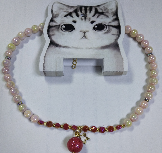 Pink Glass Beads Dog Collar Necklace with Red Beads Pendant