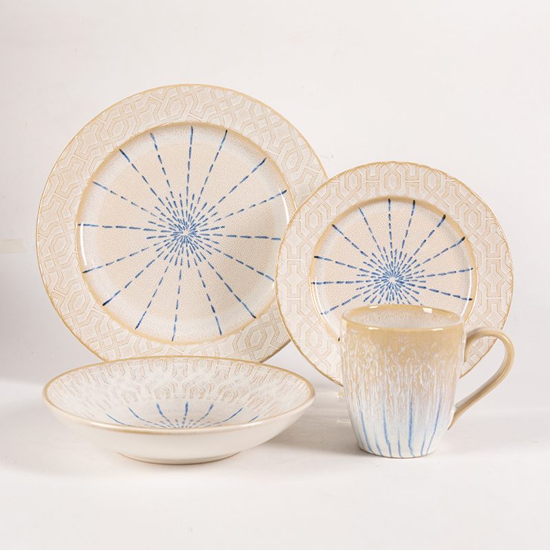 Embossed Reactive Glaze with Pad Printing 16pcs set,Place Setting