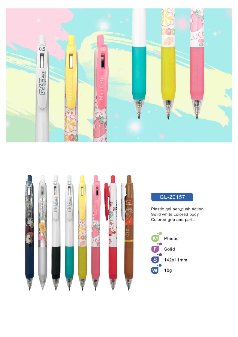 GL-20157 Plastic gel pen,push action Solid white colored body Colored grip and parts pen