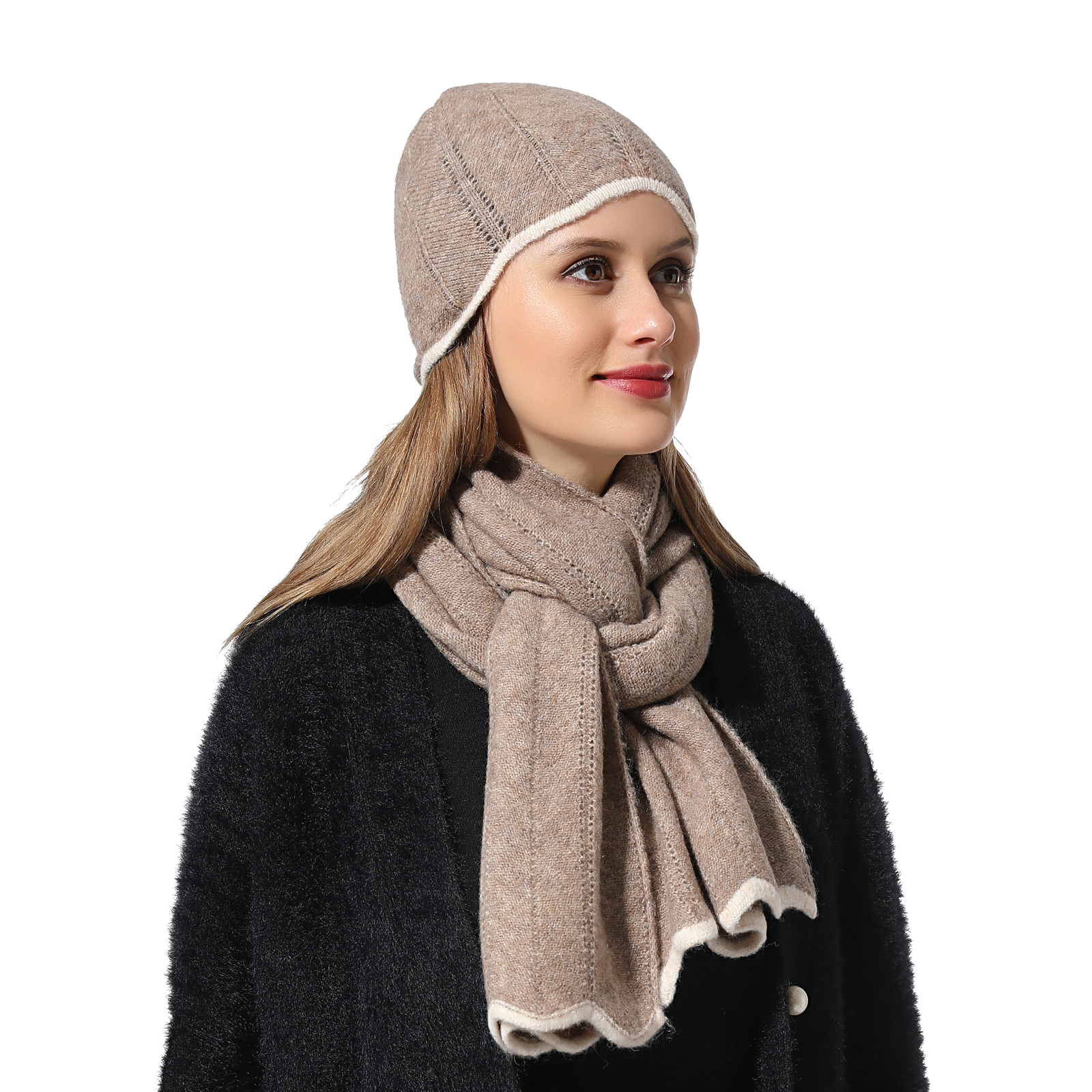 Camel cashmere scarf and beanie set