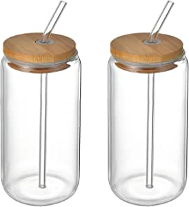 Drinking borosilicate glass with glass straw and bamboo lid