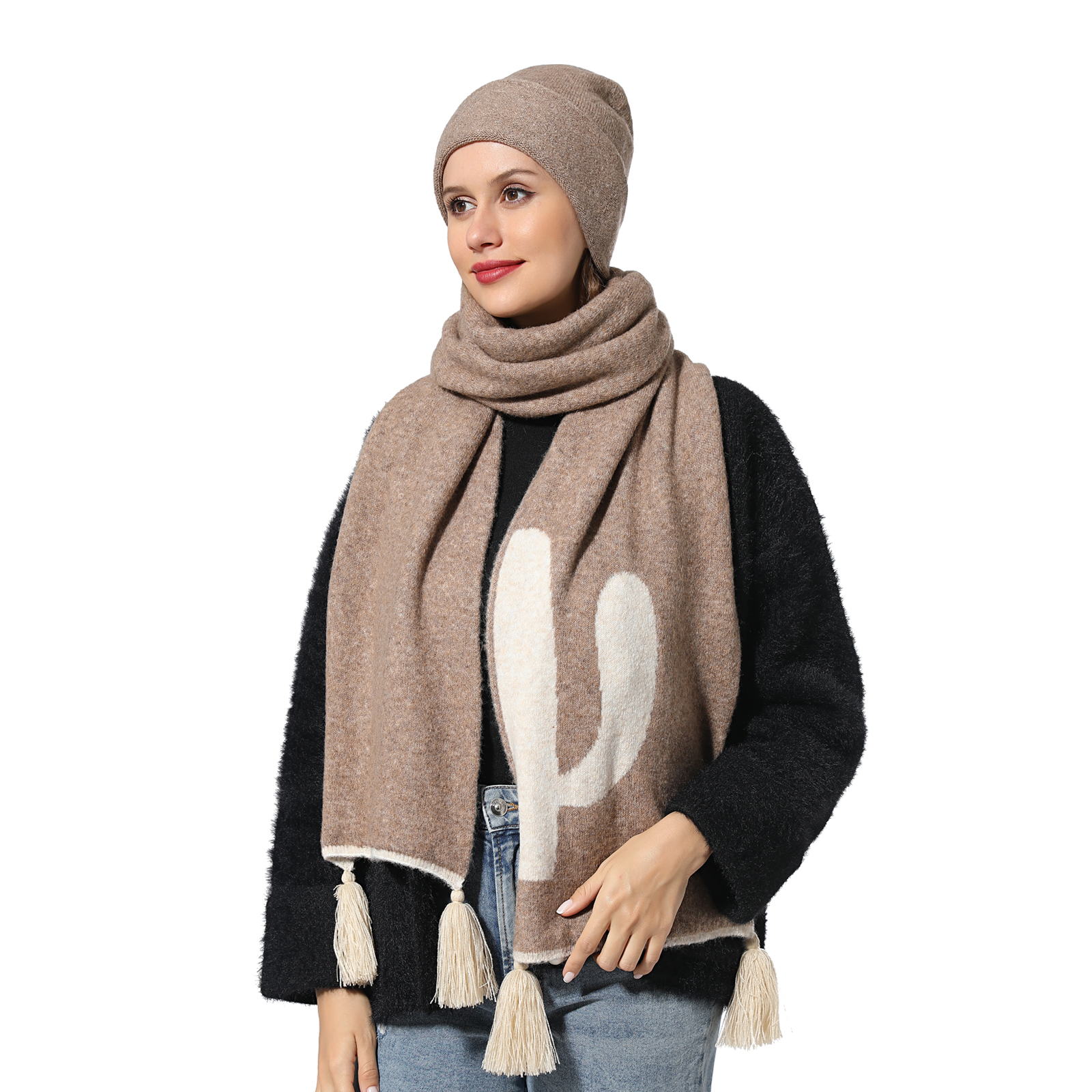 Camel cashmere women scarf and hat set