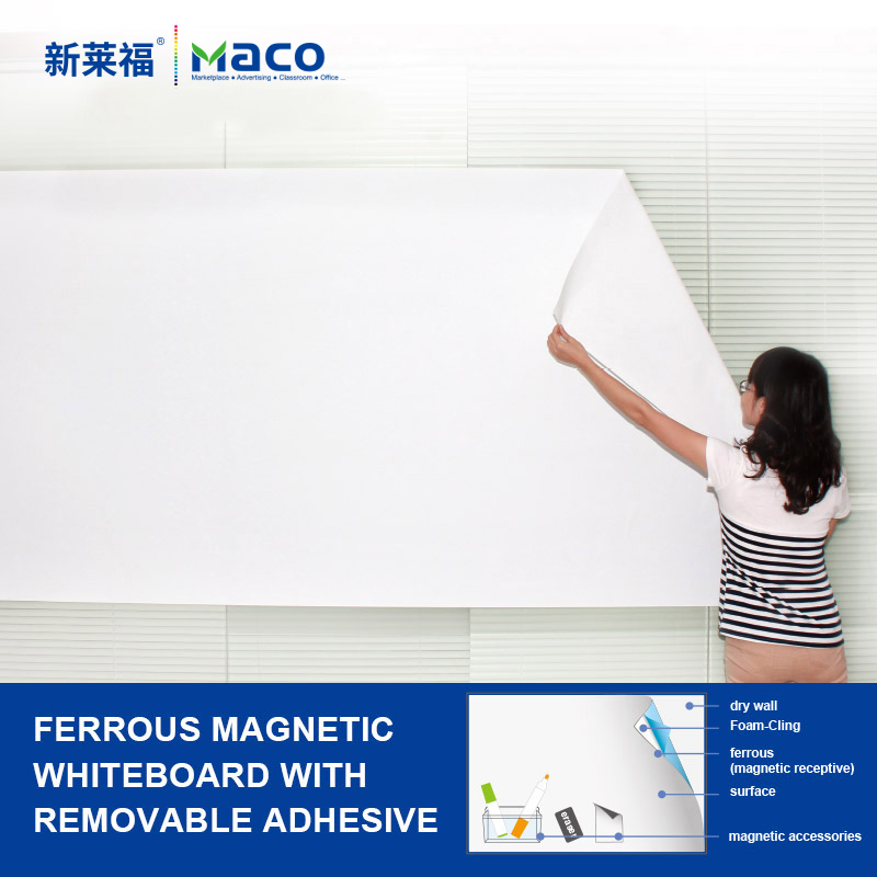 Ferrous magnetic whiteboard with removable adhesive