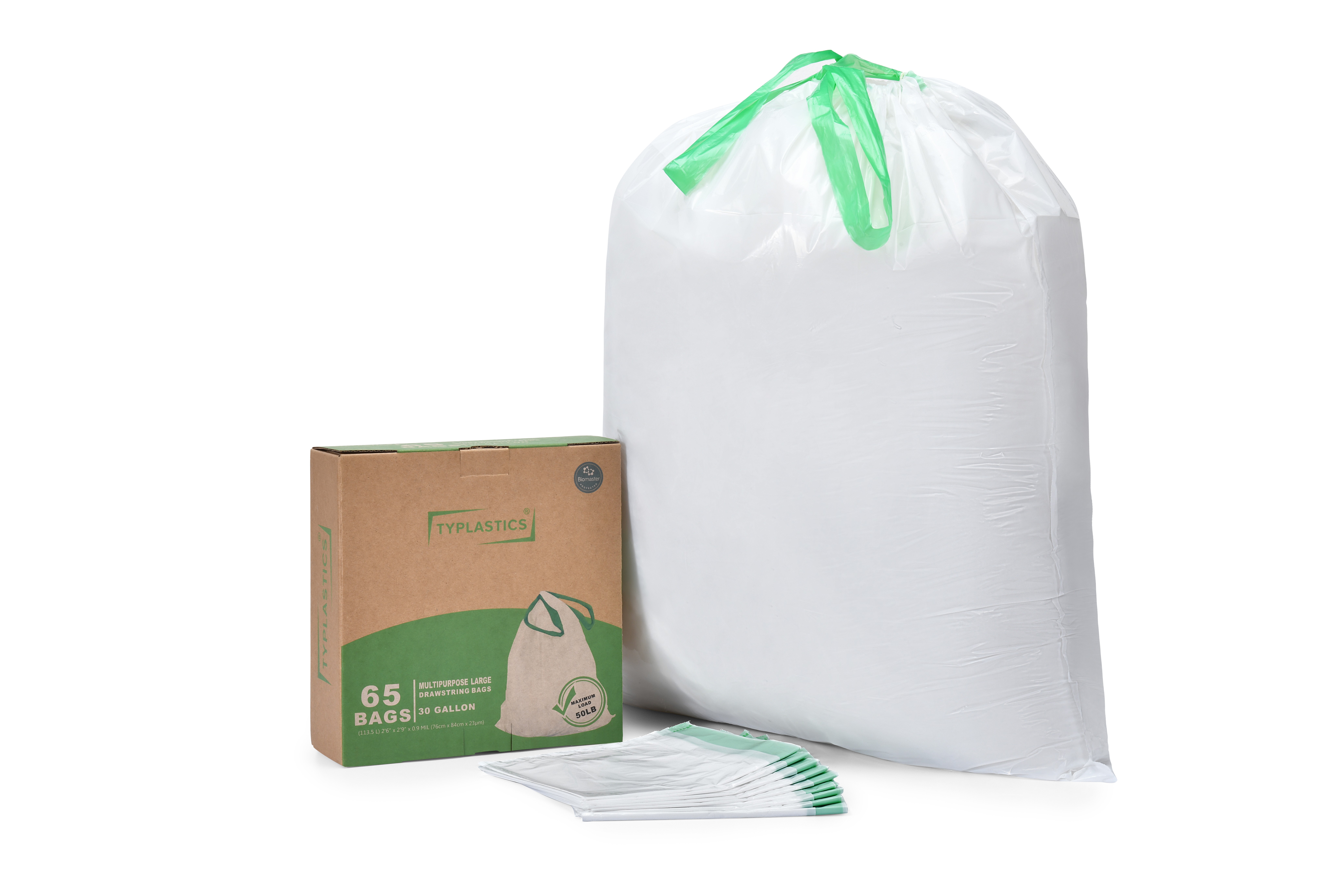 TYPLASTICS Drawstring Trash Bags, 30 Gallon Multipurposes Heavy Duty Garbage Bags, 65 Count