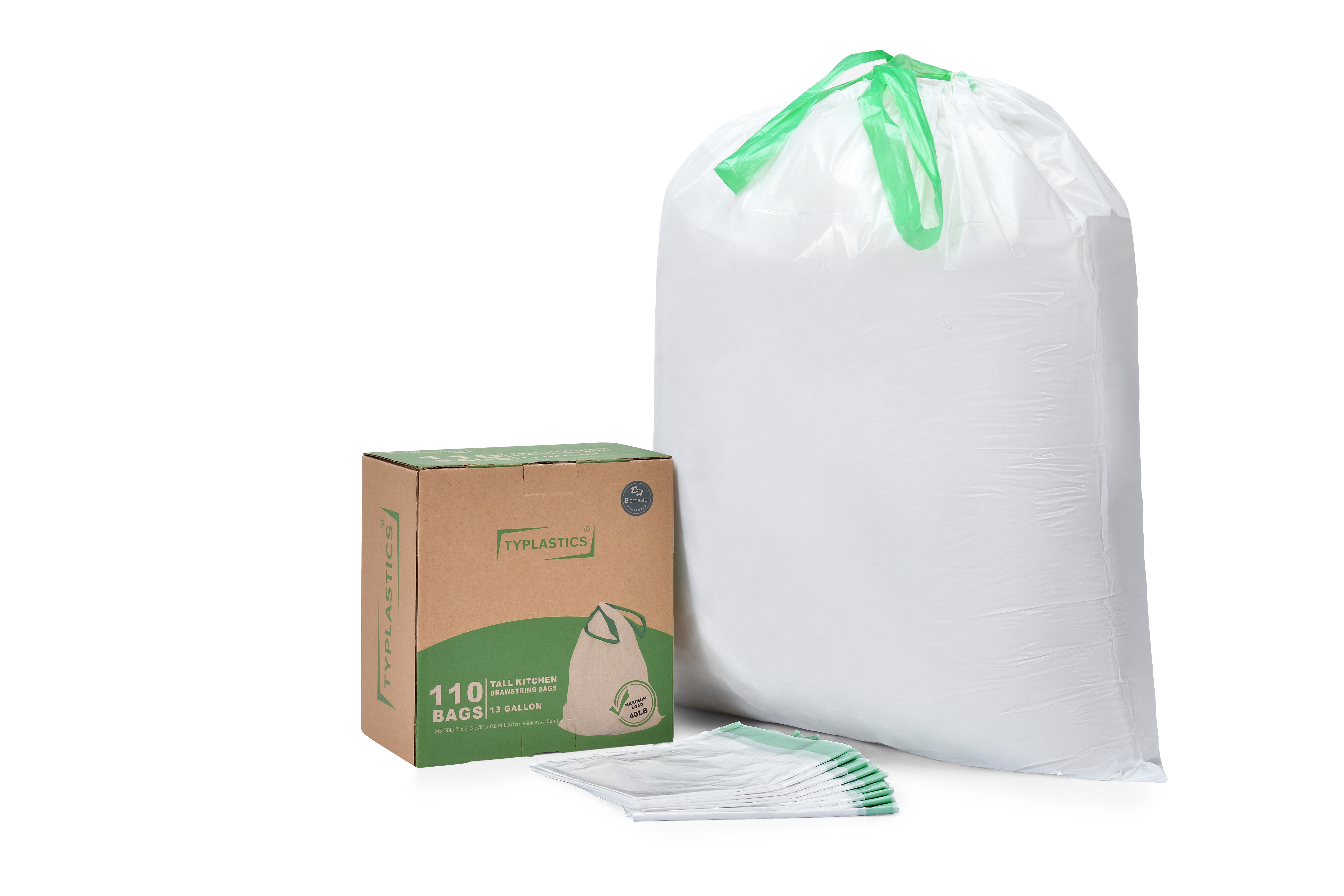 TYPLASTICS Tall Kitchen Drawstring Trash Bags, 13 Gallon, 110 Count