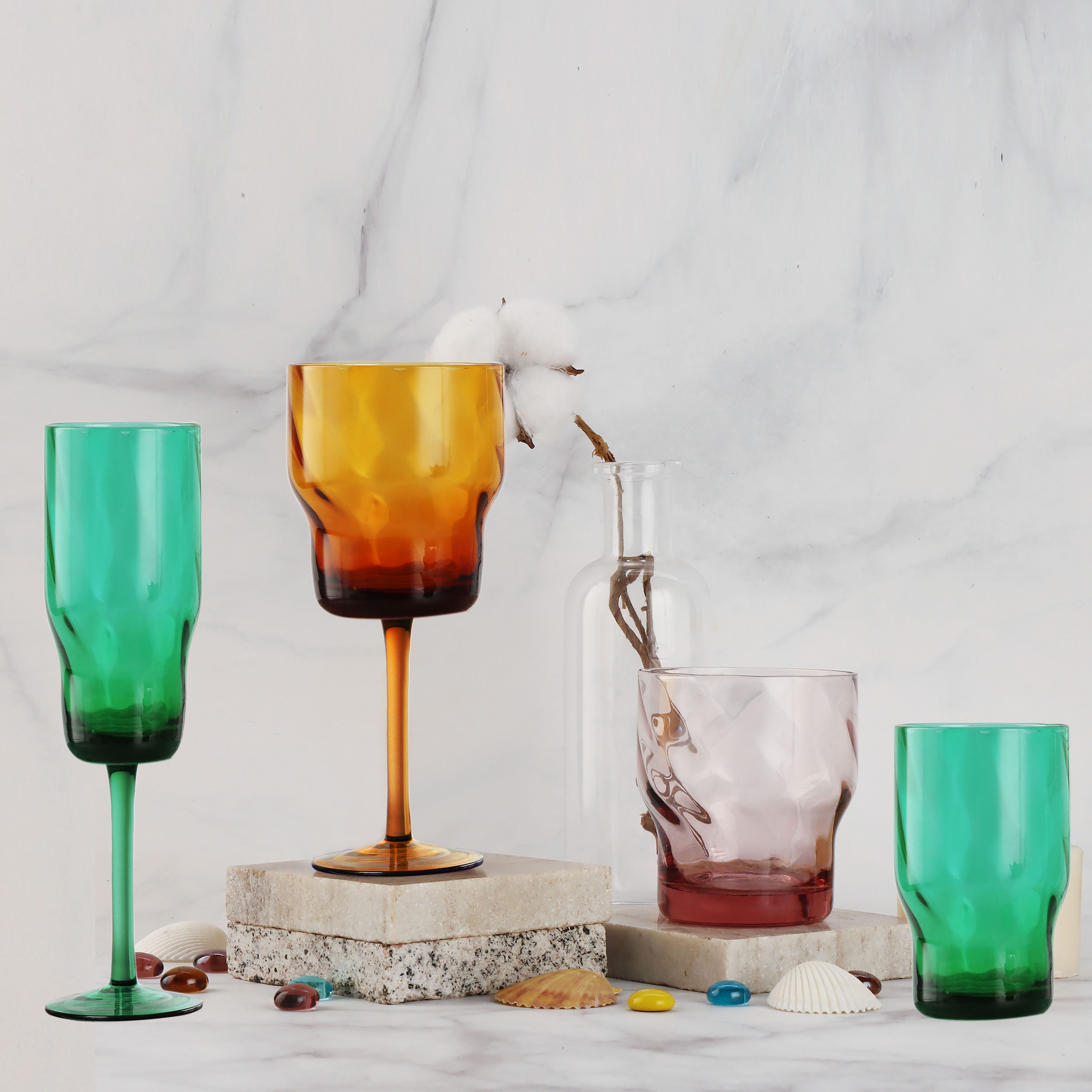Wholesale custom hand blown crystal ribbed wine glass cups blue colored water glass goblet set
