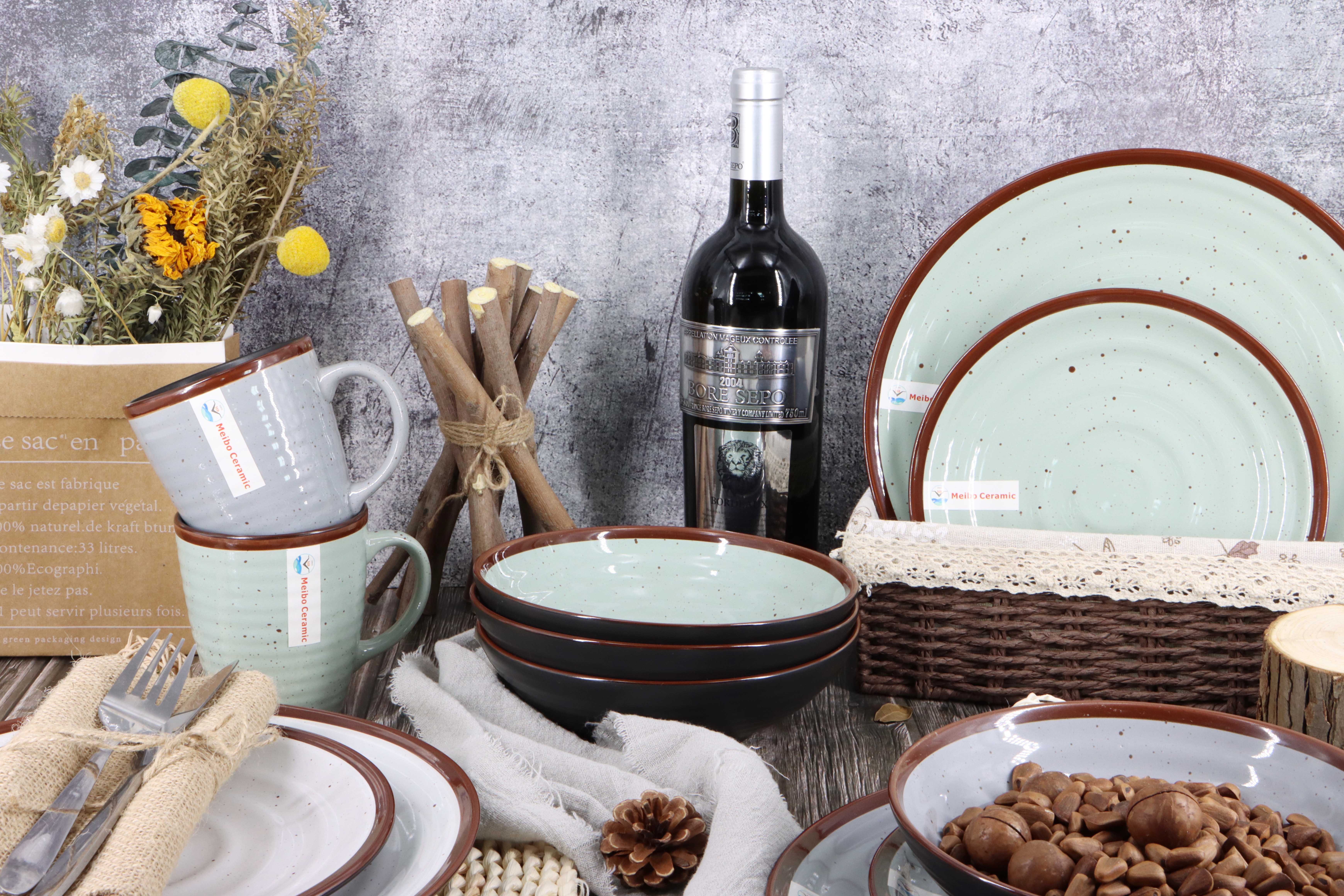 Stoneware two tone color with dots 16pcs dinner set