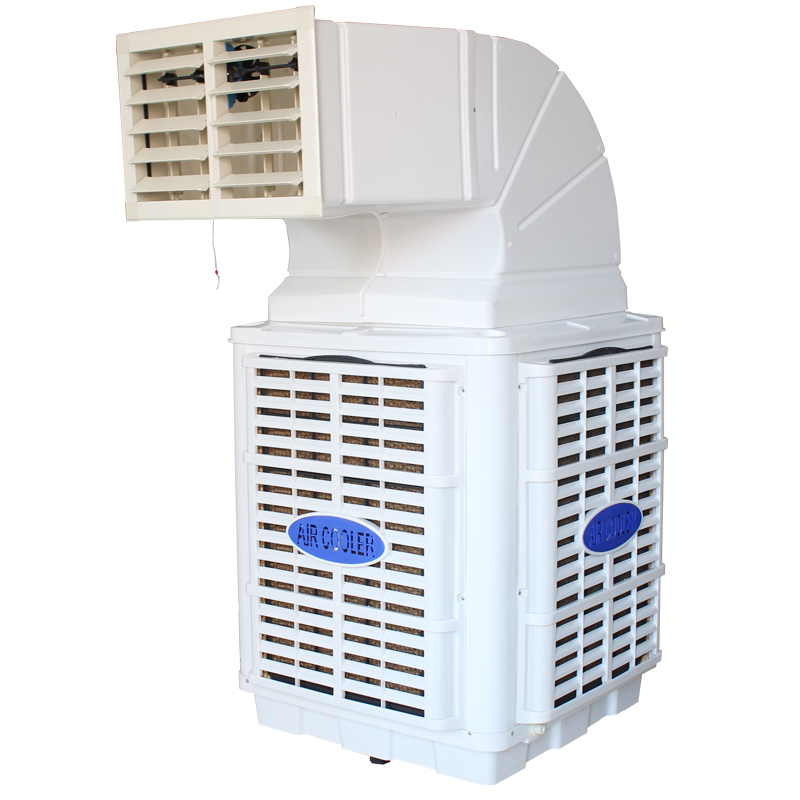 Centrifugal evaporative air cooler with up discharge