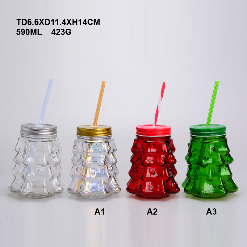 Christmas tree shape glass jar juice mason bottle with straw