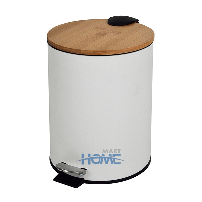 Round Shape Bamboo Lid Pedal Bin With Powder Coating Body
