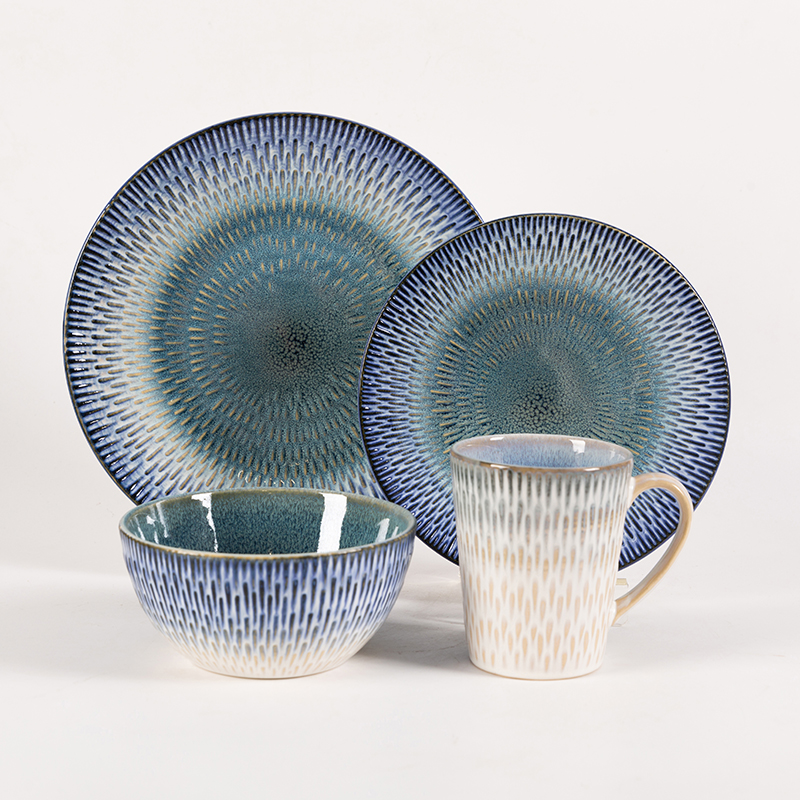 Embossed Reactive Glaze 16pcs Set,Place Setting