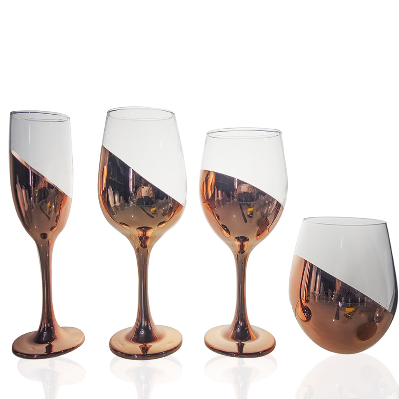 Modern metallic Copper Accent Stemless Wine Glass Set with tone plating for Wine Tasting, Wedding,