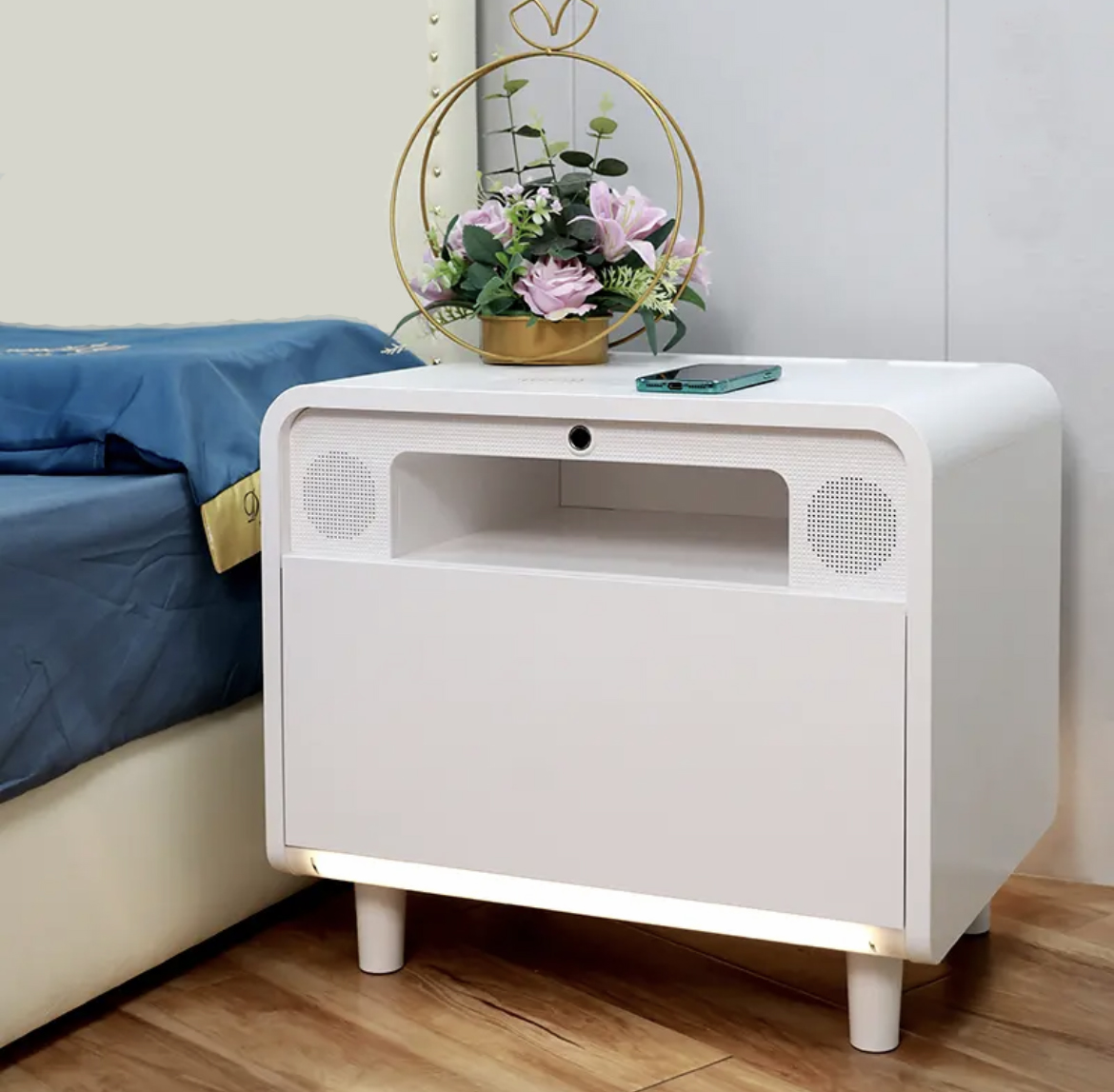 Smart bedside table with fingerprint lock wireless charging Bluetooth audio Inductive lamp USB