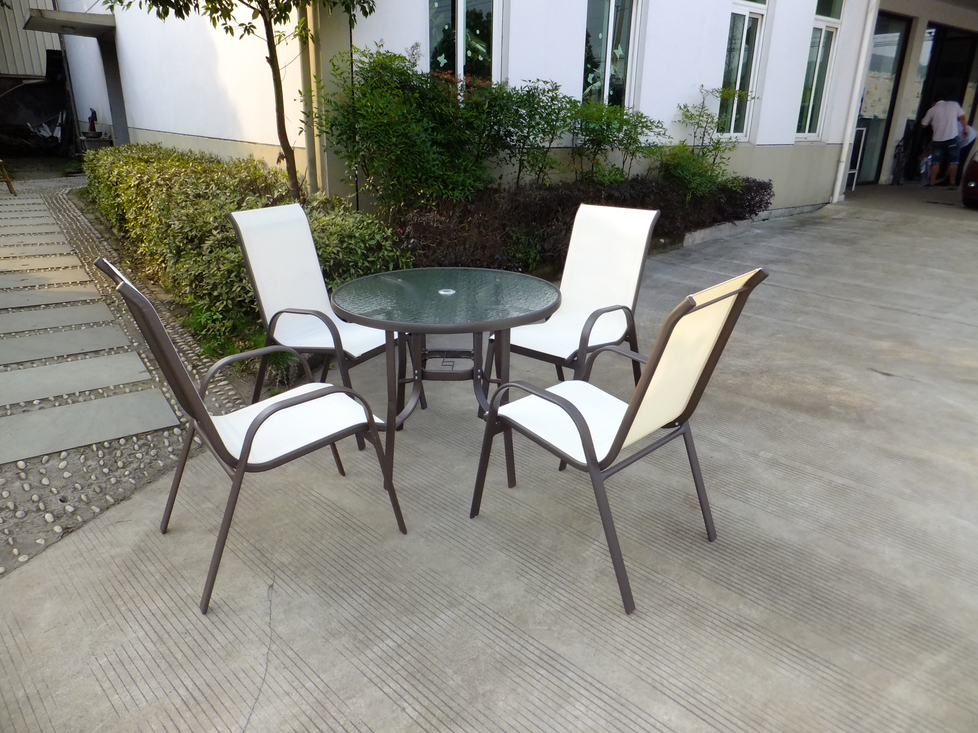5pc Patio Dinning furniture set included umbrella,6 folding dining chairs&glass-top Dinner Table