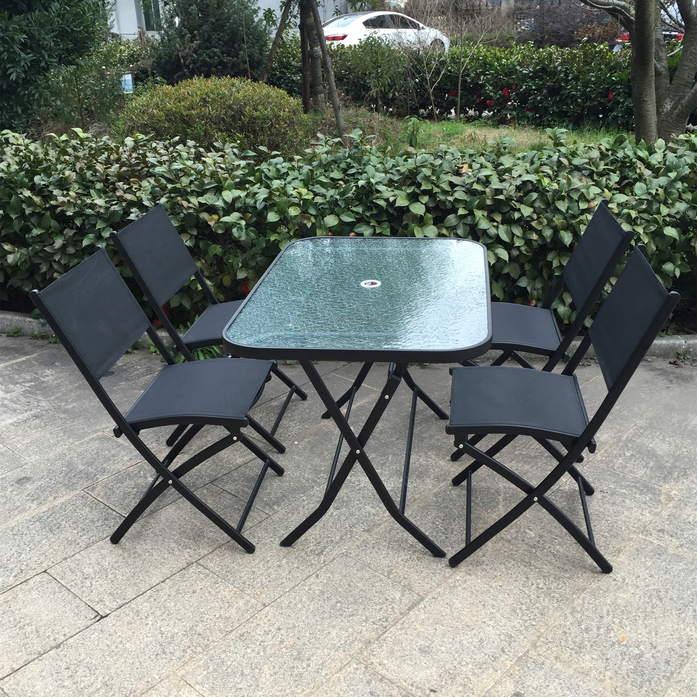 5pc Patio Dinning furniture set included umbrella,4 folding dining chairs&glass-top Dinner Table