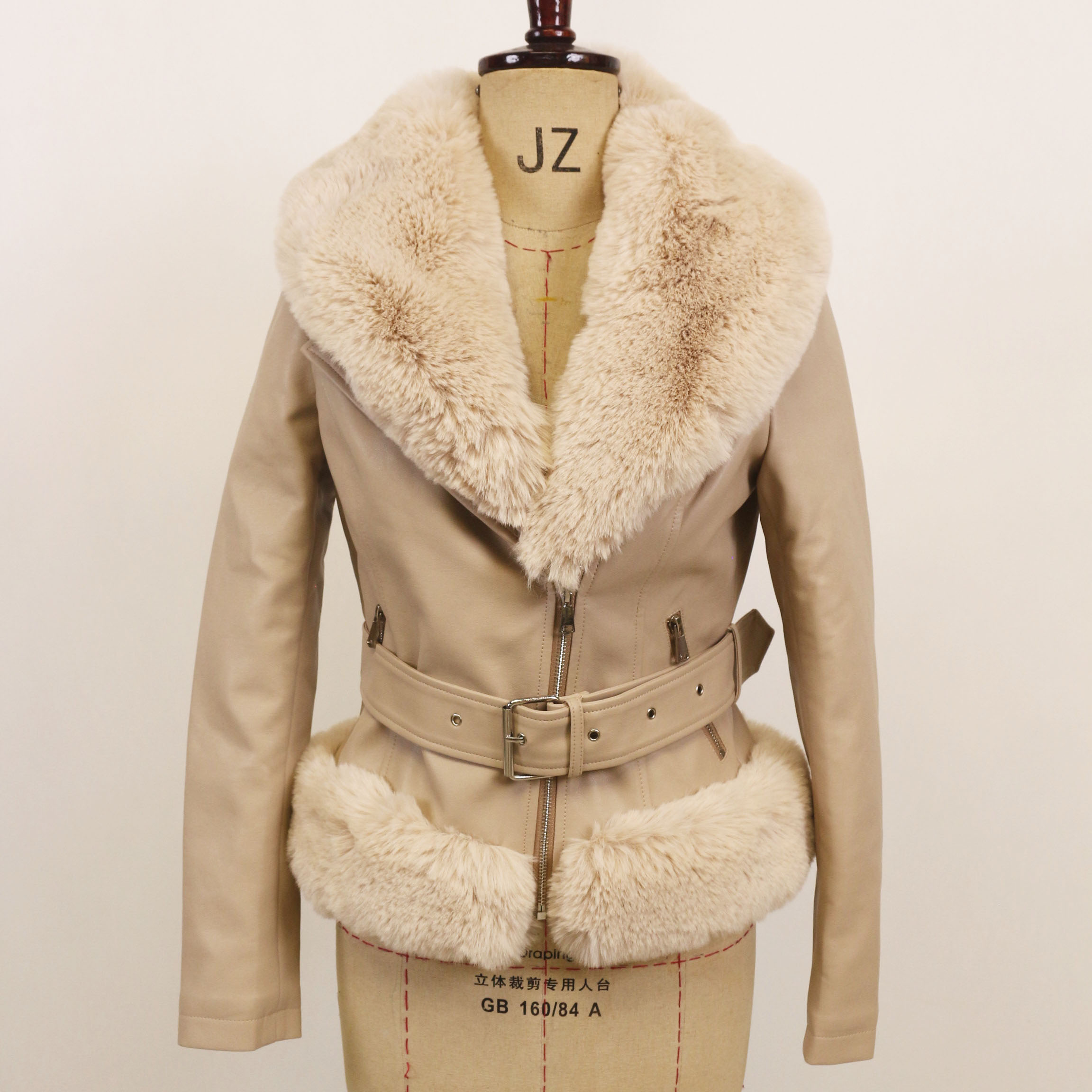Women Faux Leather Jacket Moto Biker Sherpa-Lined Coat with Fur collar
