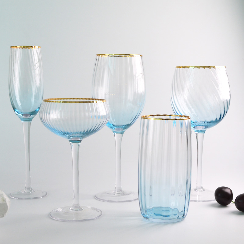 Luxury Gold Rim Gradient Blue Stripe Red Wine Glass Vintage Goblet Highball Stemless Glass for Gift