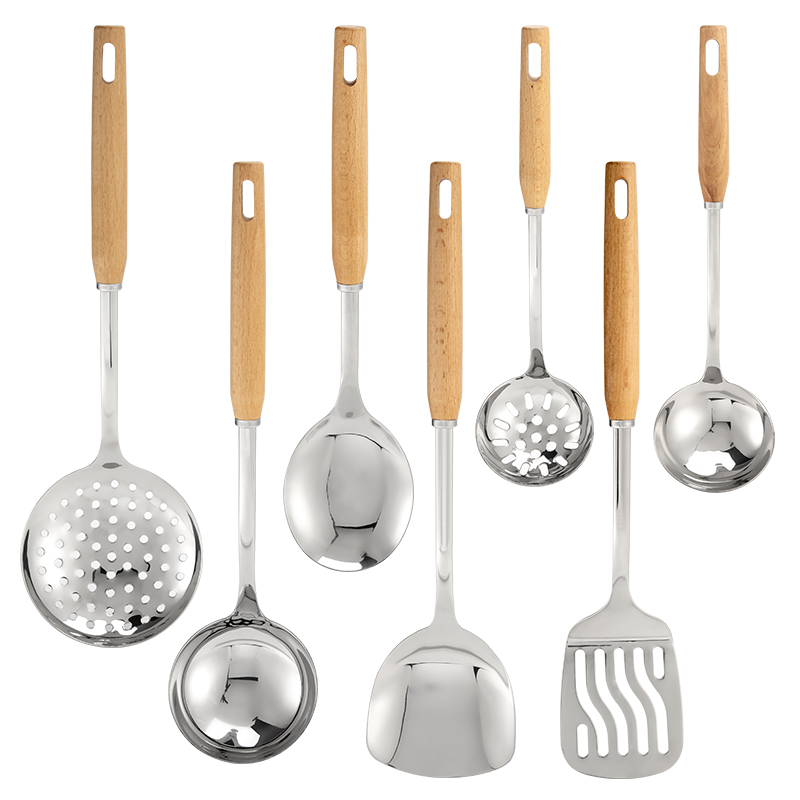 3698 Series 304 stainless steel Kitchenware beech wood handle