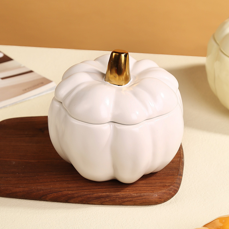 Pumpkin candle jar with lid, ceramic jar, gold plated