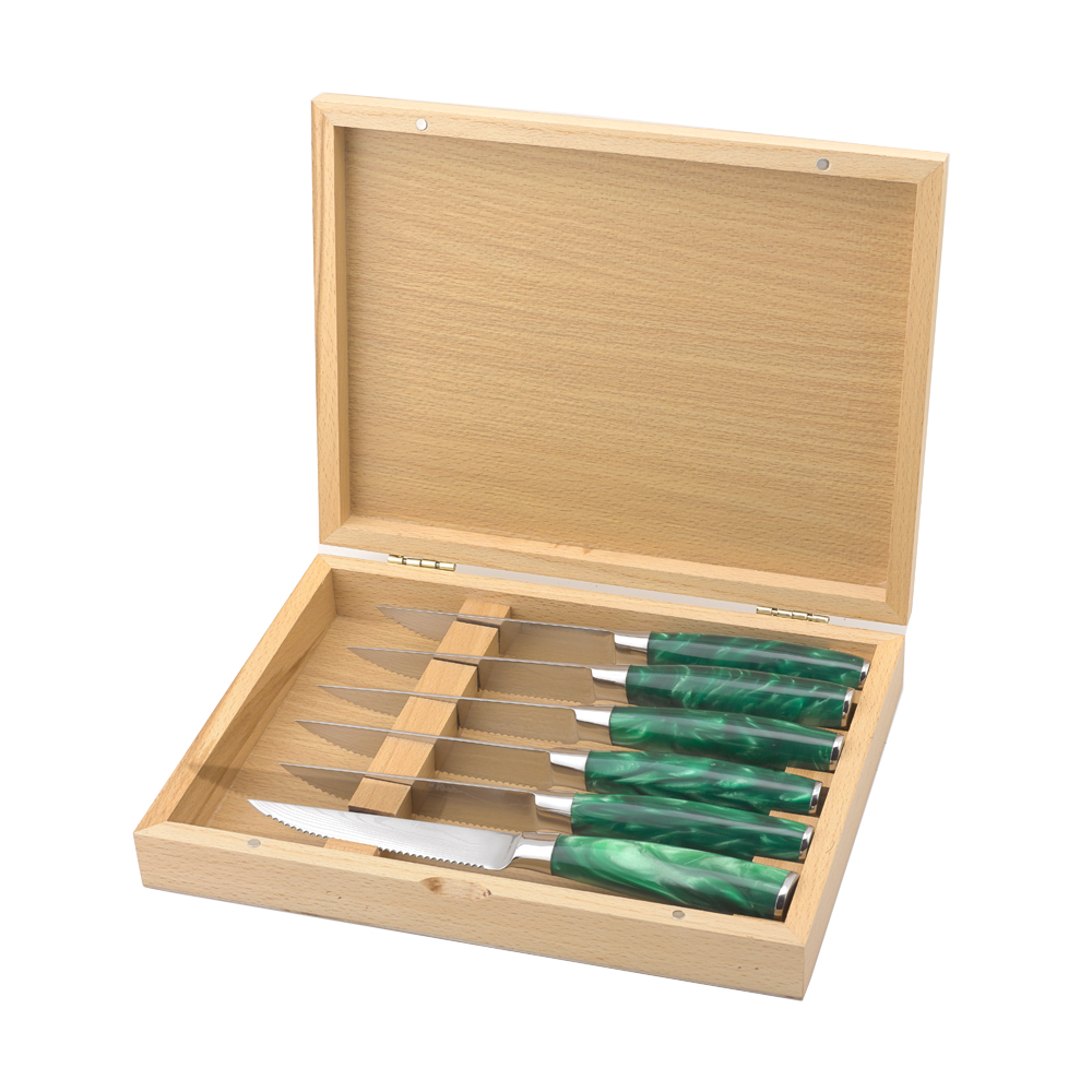 Hip-home 6pcs steak knives set stainless steel kitchen serrated knife green handle with magnetic box