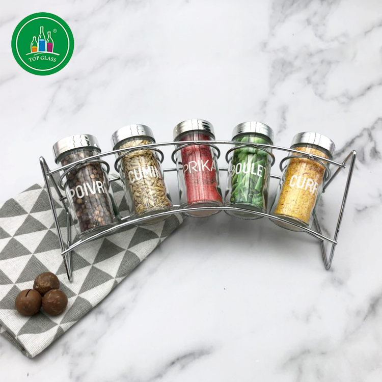 6pcs glass spices jar in one metal stand