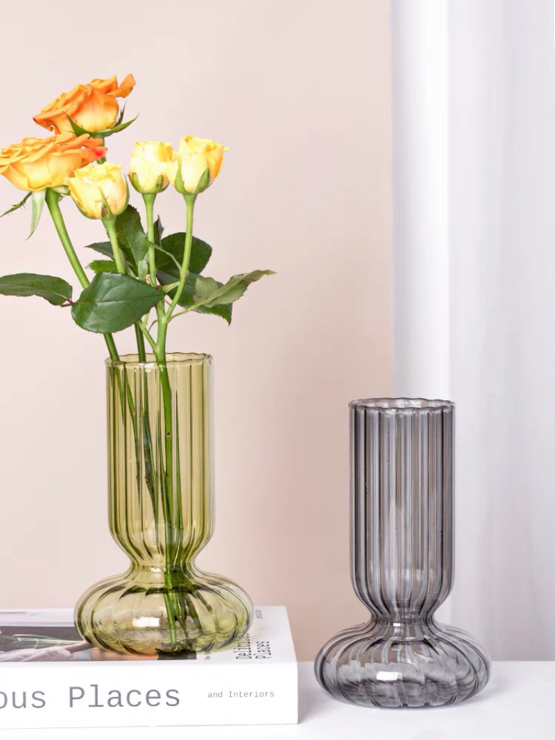 High Quality Nordic Ribbed Glasses Vases Embossed Colorful Flower Decoration
