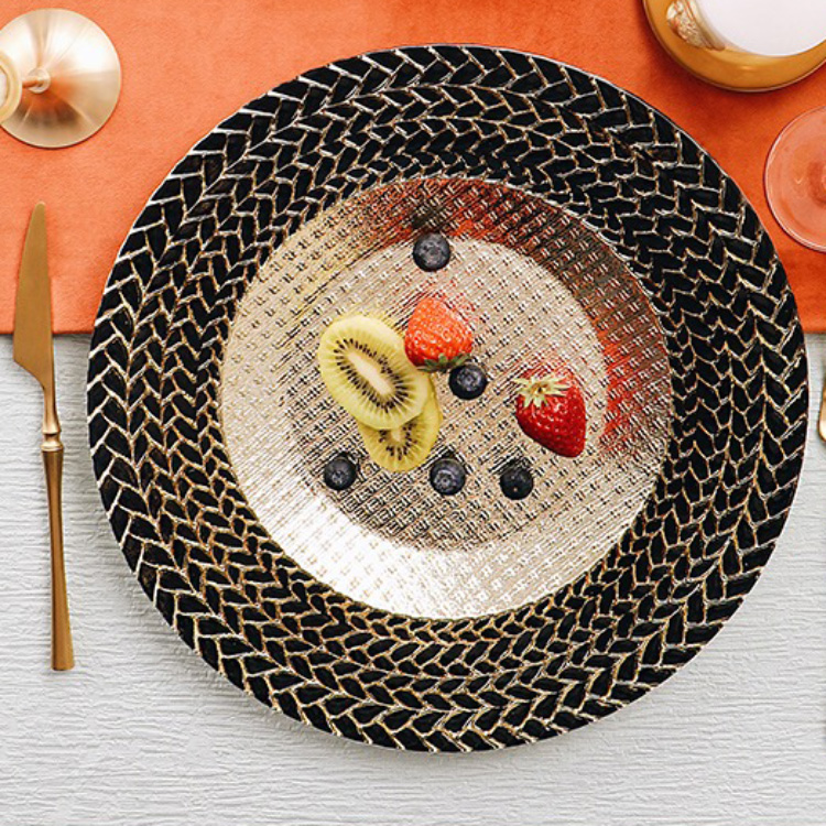 13 inch luxury gold black wheat braided glass charger plate