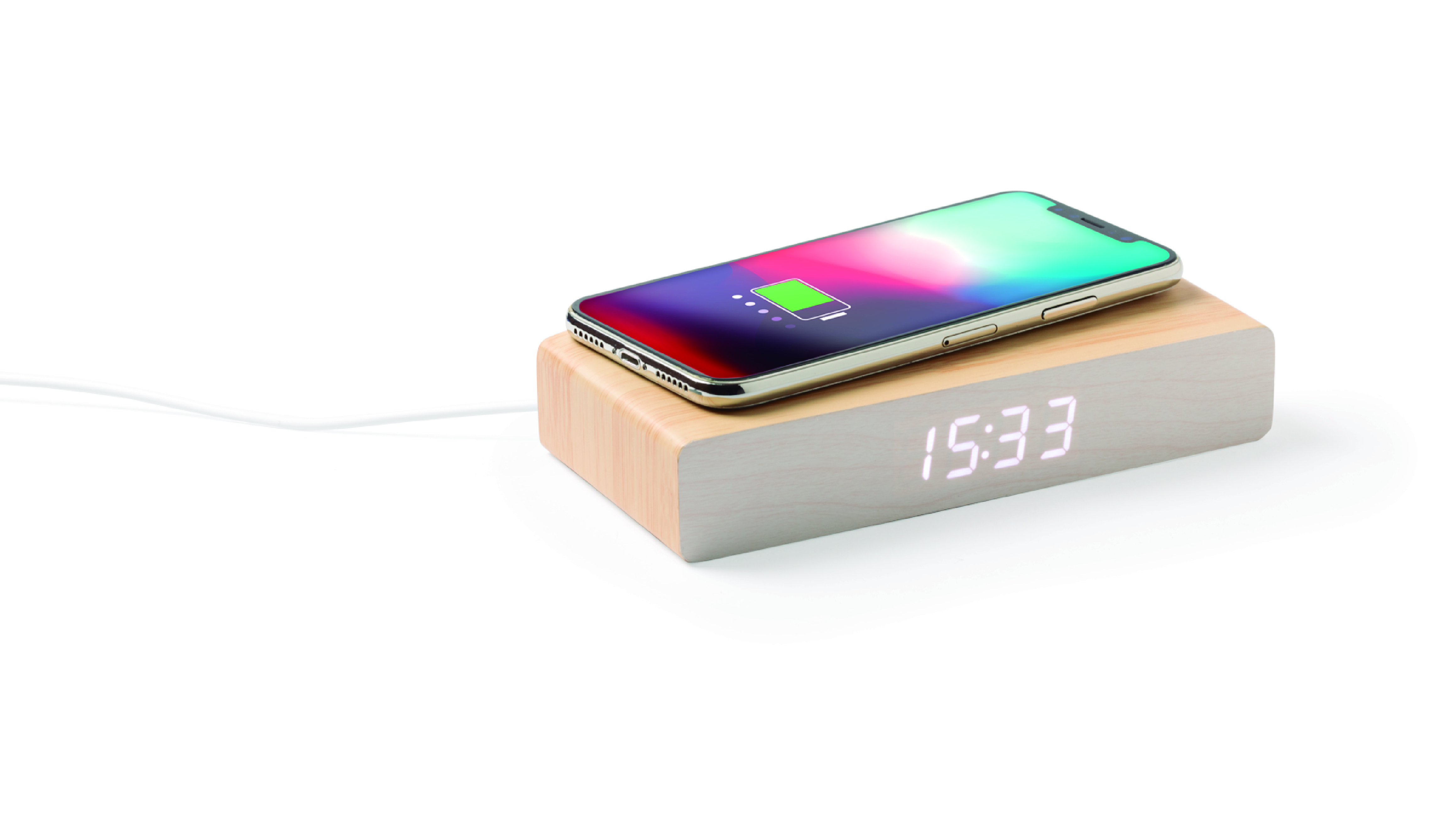 Hot Sale Dainty Wood（MDF） Wireless Charger with Alarm Clock ET540