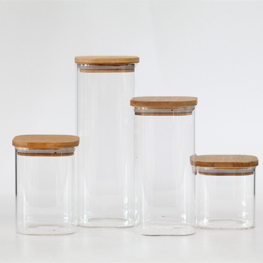 ·square high borosilicate glass storage jar with bamboo lid