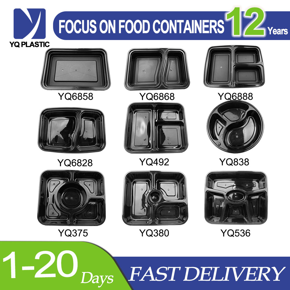 Yiqiang Disposable Plastic Takeaway Microwavable Black 5 Compartment Bento Lunch Box Factory