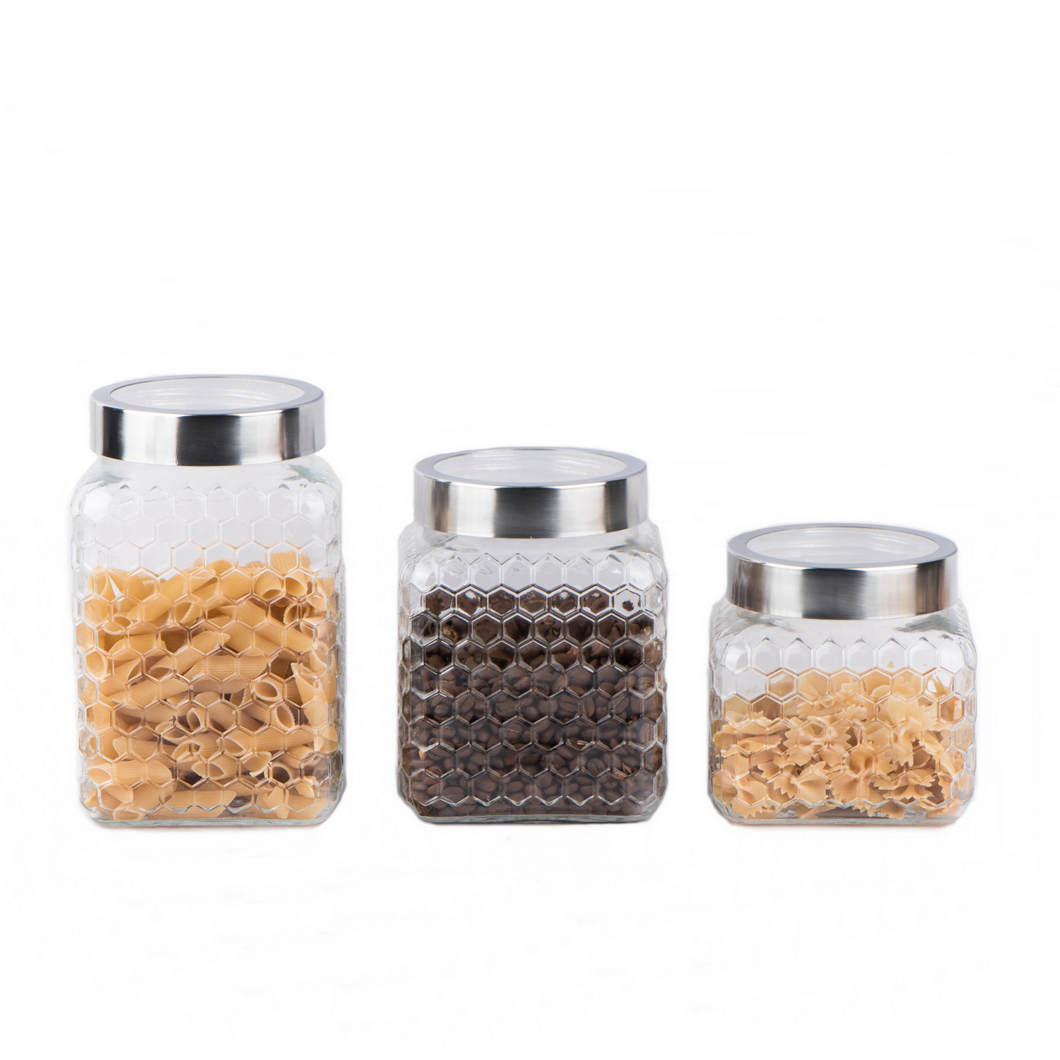 Square glass food jar with screw metal lid with embossed beehive design