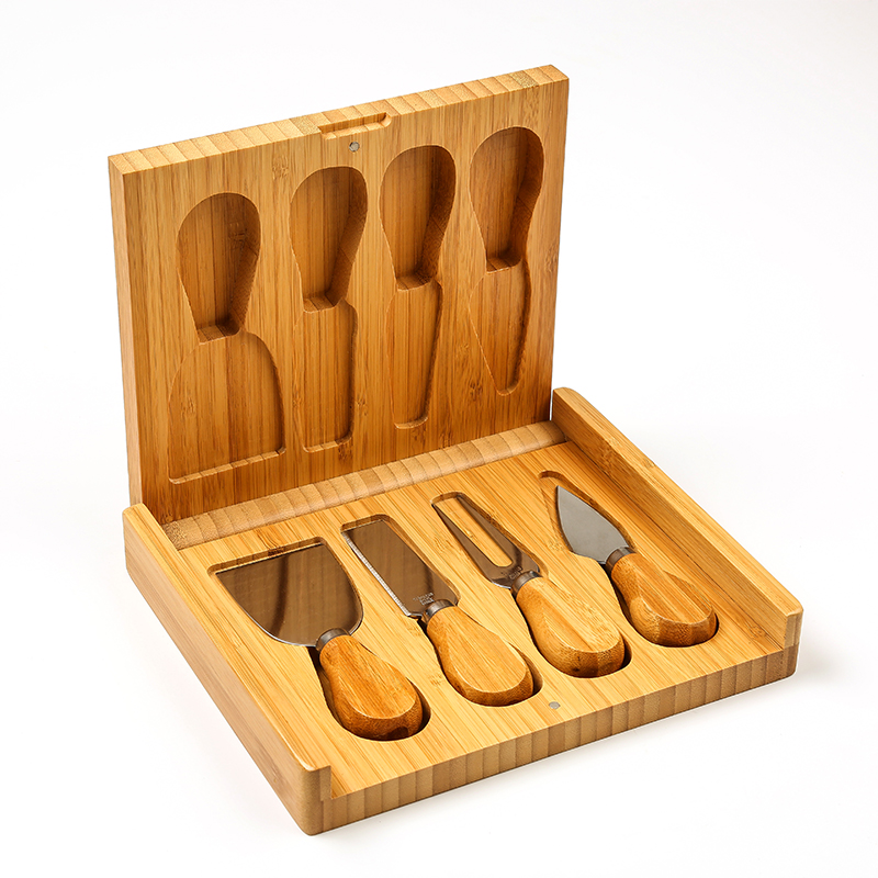 Bamboo Square Cheese Board with 4 Pieces Slicer Knives SetCutting Board With Slide Out Drawer