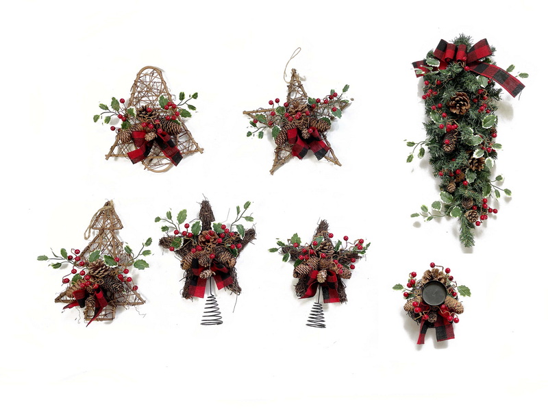 Berry and pine cone rattan wreath/tree/star/bell/ball decor