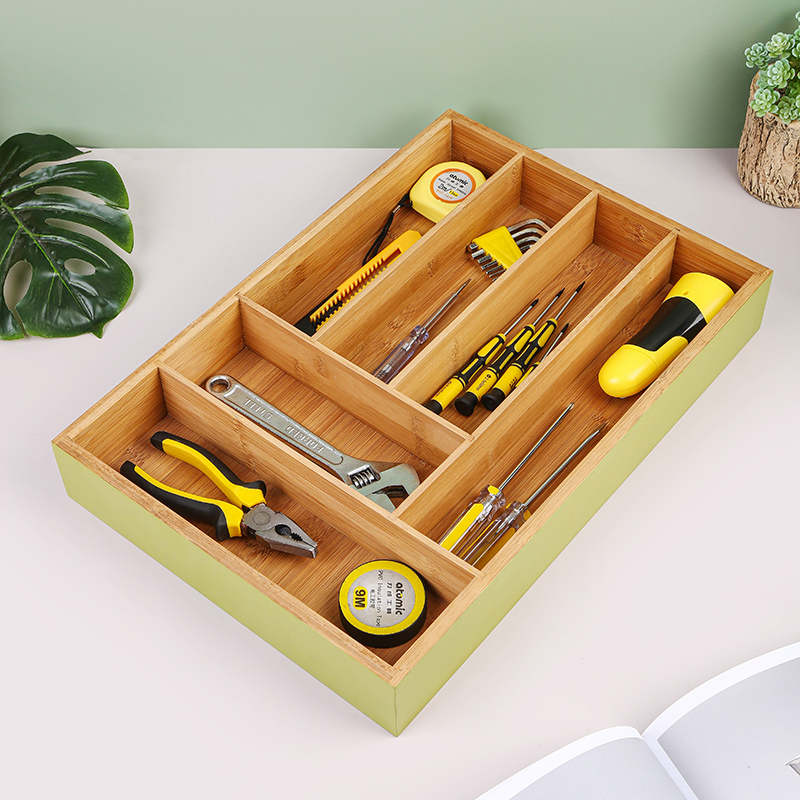 Bamboo wooden kitchen drawer cutlery tray utensil organizer flatware storage box with 6 grids