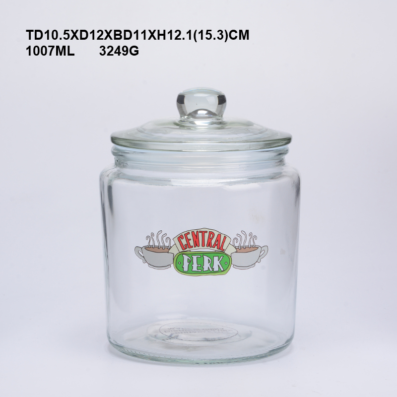 1L silk printing logo airtight food storage canister glass jar with plastic seal