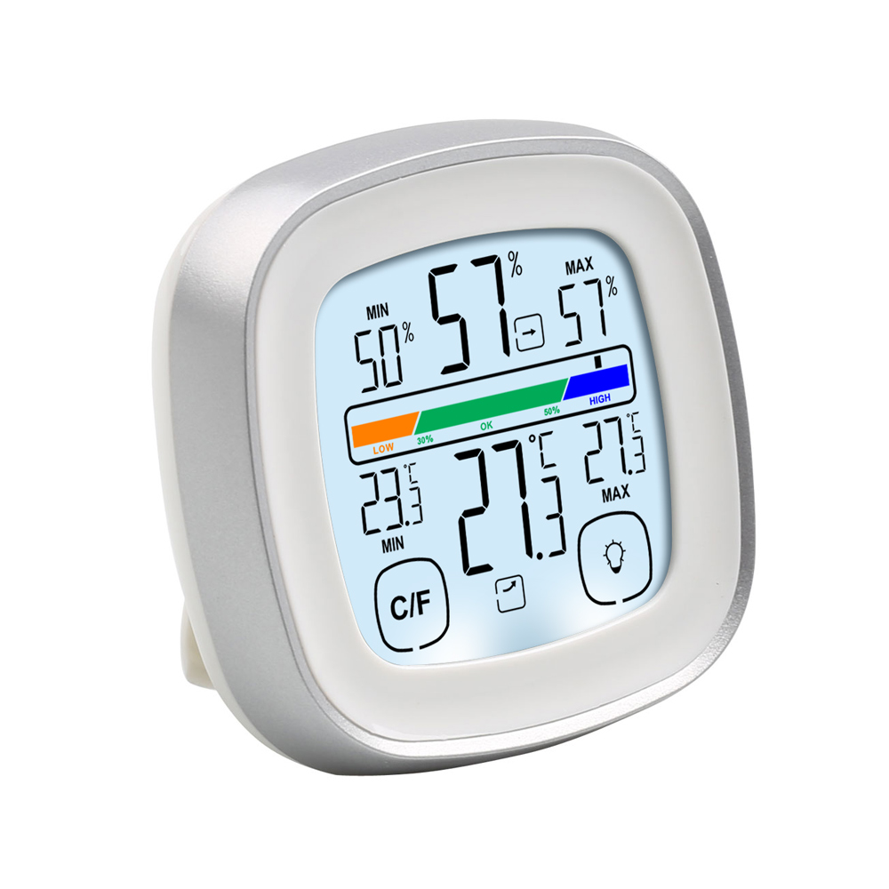 touch button color thermometer with hygrometer and comfort level indicator