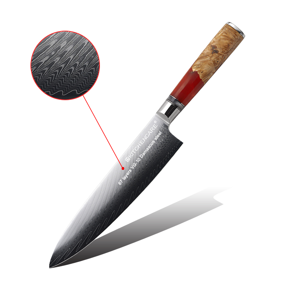 Hip-home chef knife Damascus steel red handle resin and wood handle