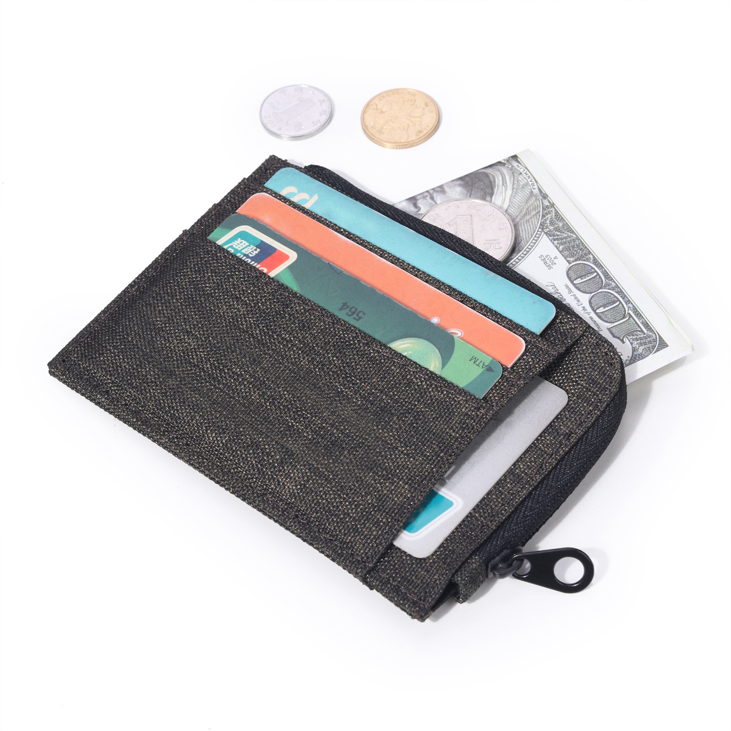 Durable Boys Girls Front Pocket Card Holder Slim Canvas Men Zipper Pocket Wallets for Student