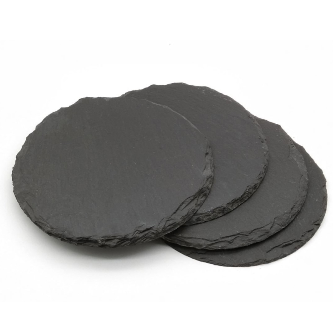 Black Slate Coasters Round Rough Set 4 Rim Backside With Pads