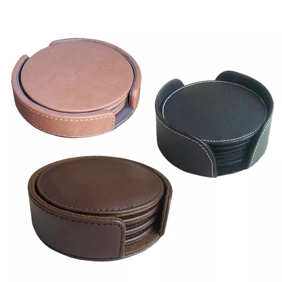 Wholesale promotion high quality business hot Pu coaster set Pu leather cup mat