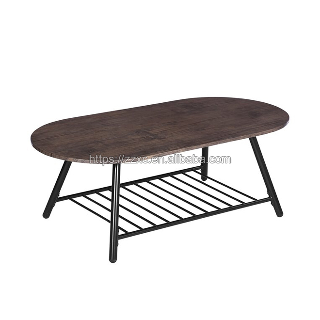 Dark Brown Oval Shaped Wooden Top Coffee Table With Metal Storage Shelf